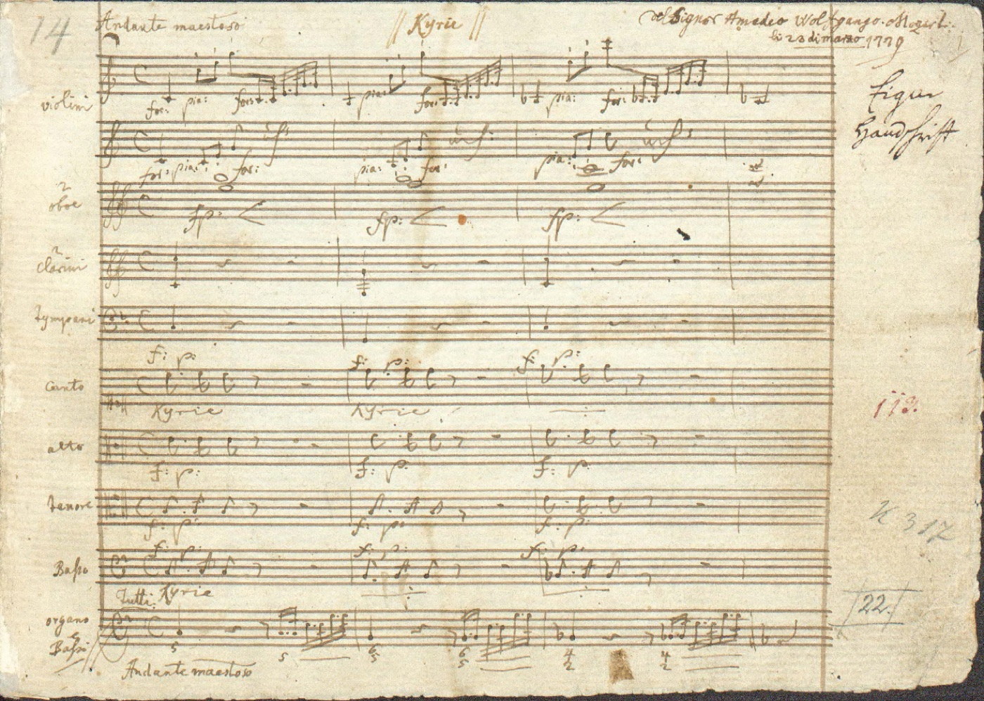 Messa dell’Incoronazione, manoscritto autografo - W. A. Mozart, 1779